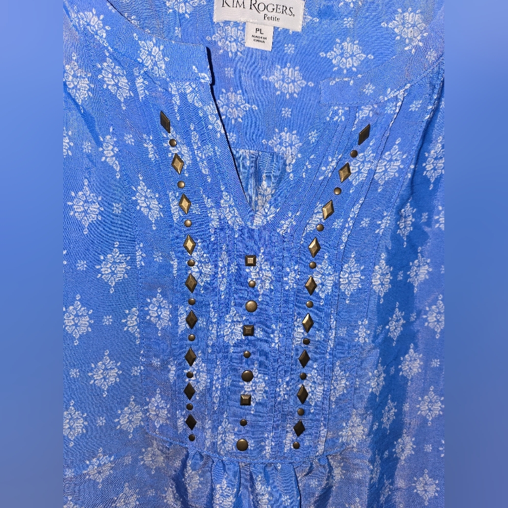 NWOT Women's Kim Rogers Blue White 3/4 Sleeve Relaxed Blouse Size Petite Large - Picture 4 of 8